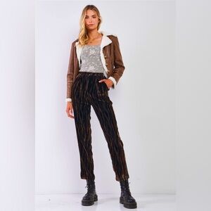 NWT-Retro Brown Tiger Stripe Print Velvet Buttoned High Waist Balloon Pants